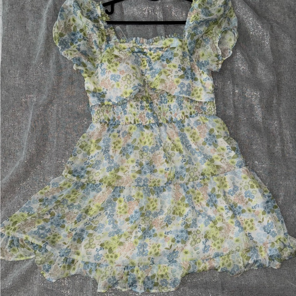 Blue and Yellow Puff Sleeve Sundress for Weddings